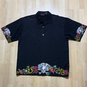 Ed Hardy Black Floral Graphic Button Down Shirt